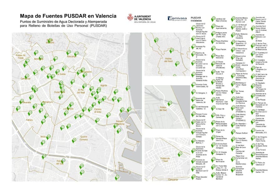 Mapa de ubicación de las fuentes de agua PUSDAR en Valencia