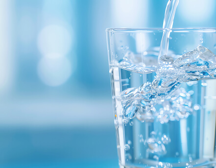 Vaso de cristal llenándose con agua clara y burbujas sobre fondo azul desenfocado