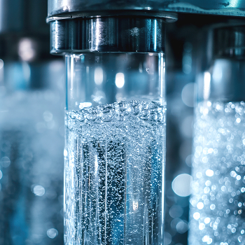 Línea de embotellado industrial con agua carbonatada en proceso de producción